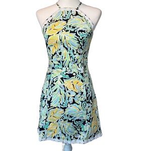 Crown & Ivy Leaf Pattern Coco Cayo Tropical Halter Mini Dress